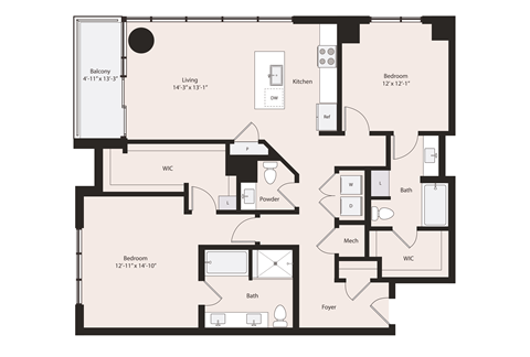 Deco B2-1 floor plan 2 bedroom 2.5 bathrooms 1398 square feet
